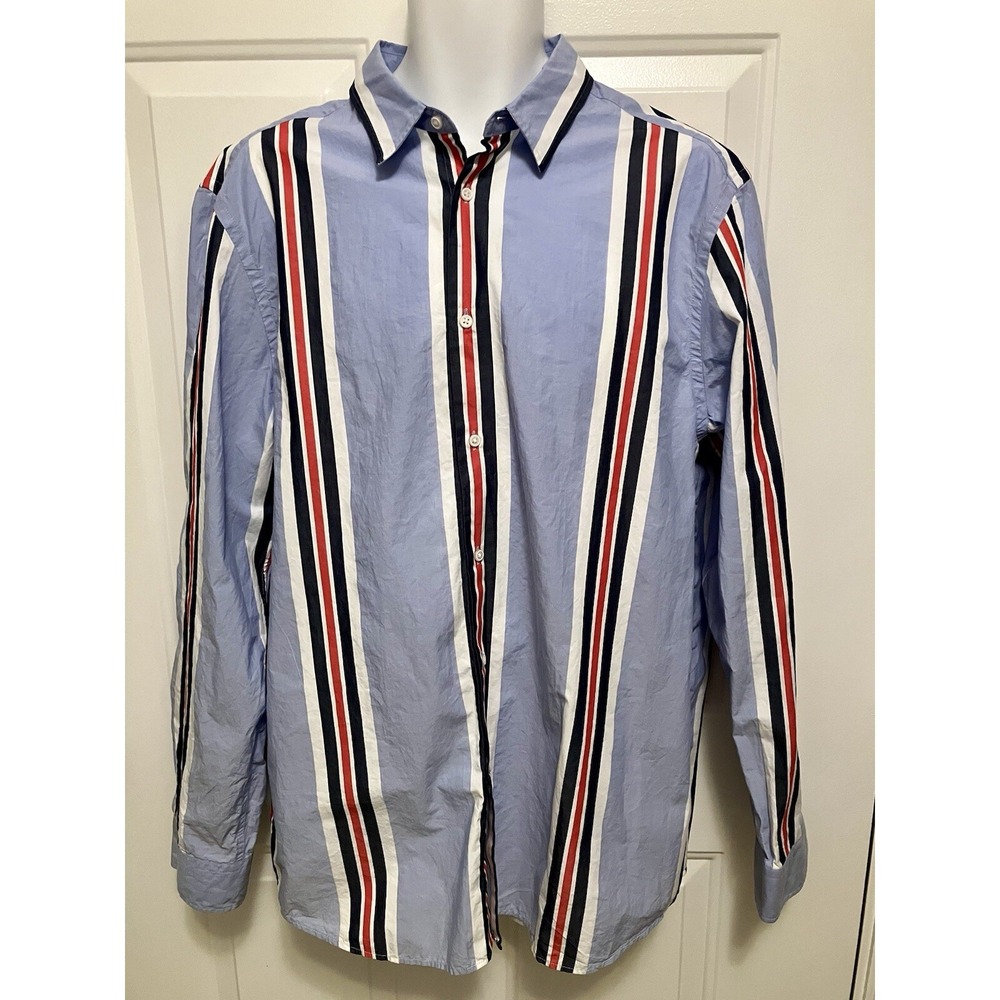 Zara Dress‎ Shirt Men's Blue Red White Striped Relaxed Fit Button Up Size XL